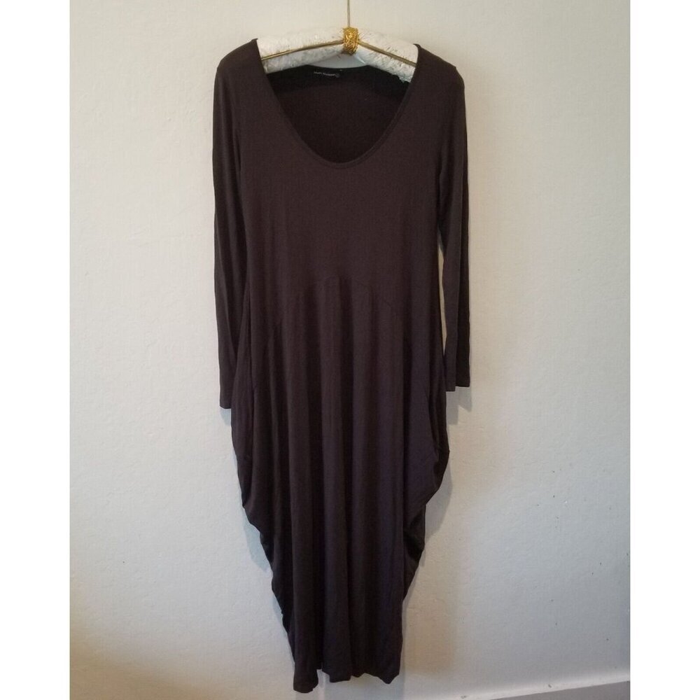 Matti Mamane Women's Long Sleeves Maxi Sack Dress Pleated Scoop Neck Small Brown